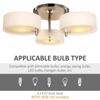 3-light ceiling chandelier with chrome canopy and white acrylic shades, including center shade