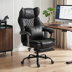 Black executive office chair with tufted back, reclining function, and casters