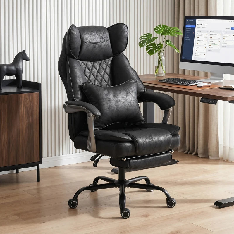 Black executive office chair with tufted back, reclining function, and casters