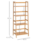 Natural bamboo ladder shelf with four open shelves, with dimension markers