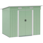 Light green metal storage shed with closed double sliding doors and front handle