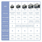 Size chart for the foldable pet carrier showing XS, S, M, L, and XL options