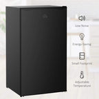 Black under-counter mini fridge with front view and energy-saving style icons