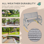Charcoal grey outdoor wooden bench with wagon wheels and water-shedding slats