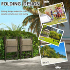 Pair of folded garden chairs with fabric mesh seats and dark metal frames
