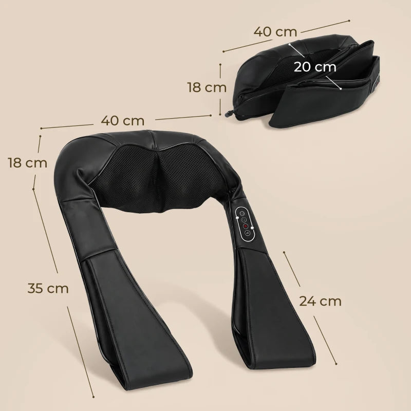 Black neck and shoulder massager wrap with perforated back pads; dimensions shown