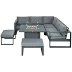 Grey outdoor corner sofa set with fire pit coffee table and two ottomans