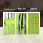 Green sun loungers with padded headrest, powder-coated steel frame, and mesh fabric