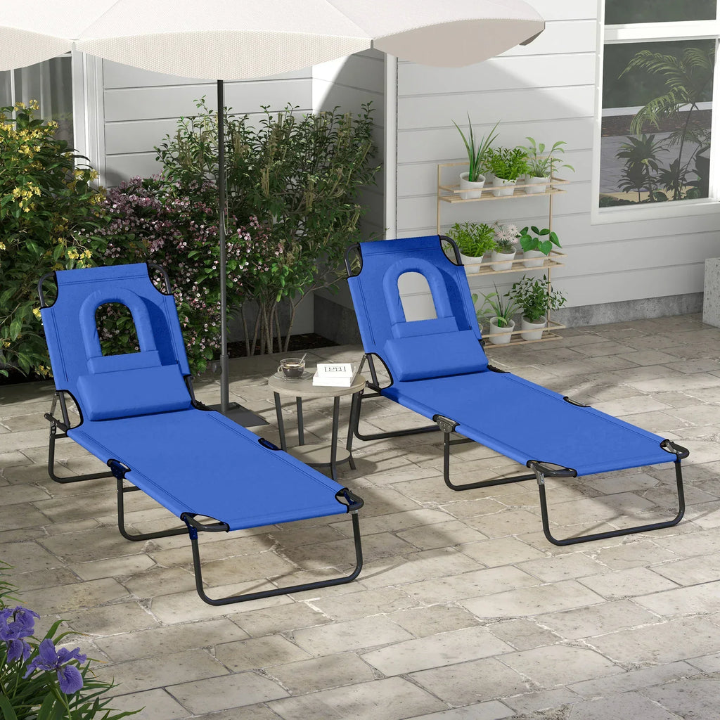 Folding Sun Loungers Set of 2 with Face Hole, 4-Position Adjustable Backrest Garden Recliner Chairs Sunbeds, Outdoor Lounge Chairs with 600 D Oxford Cloth Seat, Pillow for Beach, Blue - Bobobiy
