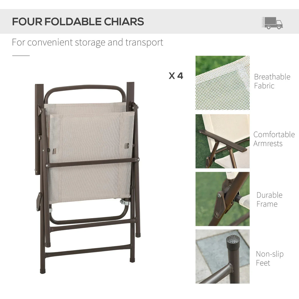 Garden Patio Texteline Folding Chairs Plus Table and Parasol Furniture Bistro Set 6 Pieces - Coffee/Cream - Bobobiy