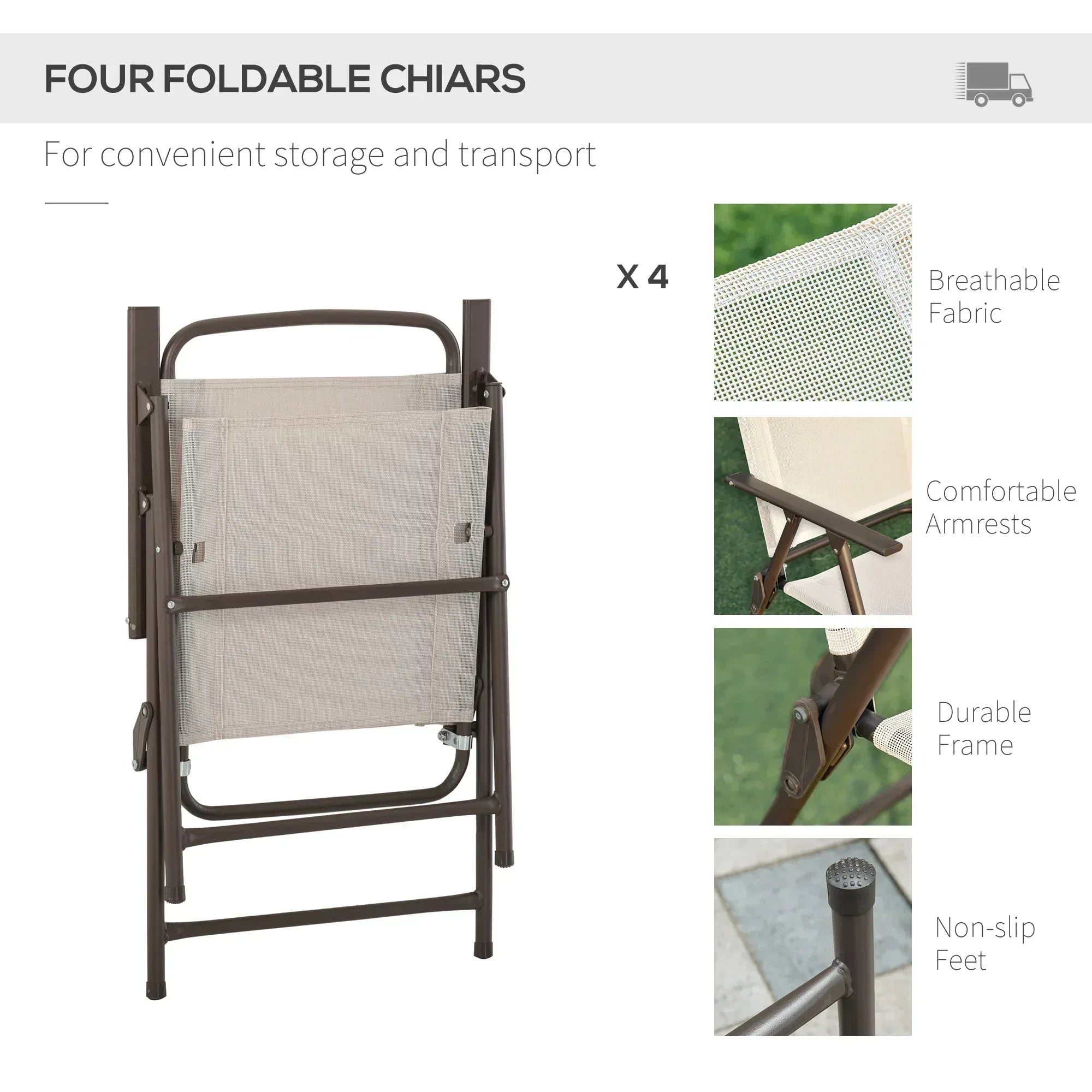 Garden Patio Texteline Folding Chairs Plus Table and Parasol Furniture Bistro Set 6 Pieces - Coffee/Cream - Bobobiy