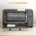 Grey mini oven door open with wire rack and baking tray accessories inside.