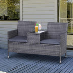 Grey PE rattan 2-seater outdoor bench with center table, woven arms, and seat cushions