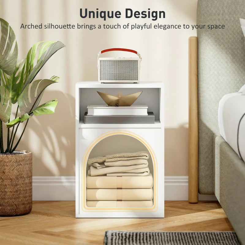 White bedside table with open shelves and arched lower compartment for storage