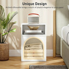 White bedside table with open shelves and arched lower compartment for storage