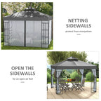Grey gazebo with mesh sidewalls that open for air flow, steel frame, double-tier roof