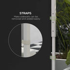 Black gazebo side panel with removable strap fastening and corner attachment detail
