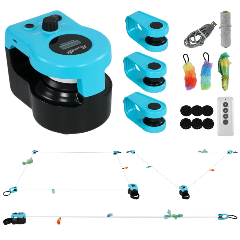 Blue interactive cat toy base with DIY track pieces, remote, and feather mouse toys