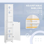 White tall bathroom cabinet with shutter door open and multi-level adjustable shelves
