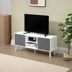 White TV stand with grey side drawers and central media compartment, flat-screen TV on top