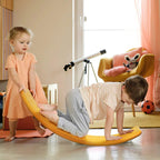 Orange balance board wobble toy for kids, children stepping on curved board