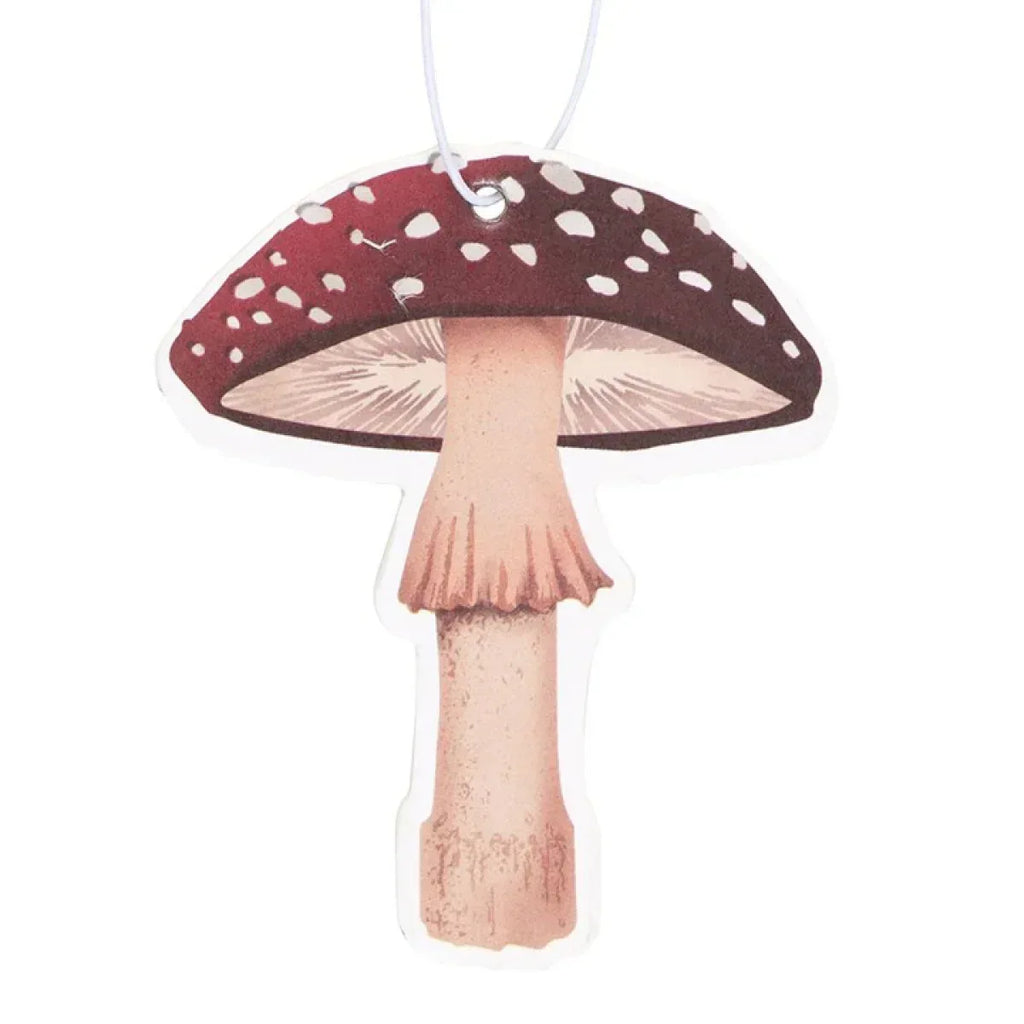 Hanging mushroom air freshener with maroon cap and cream speckled pattern