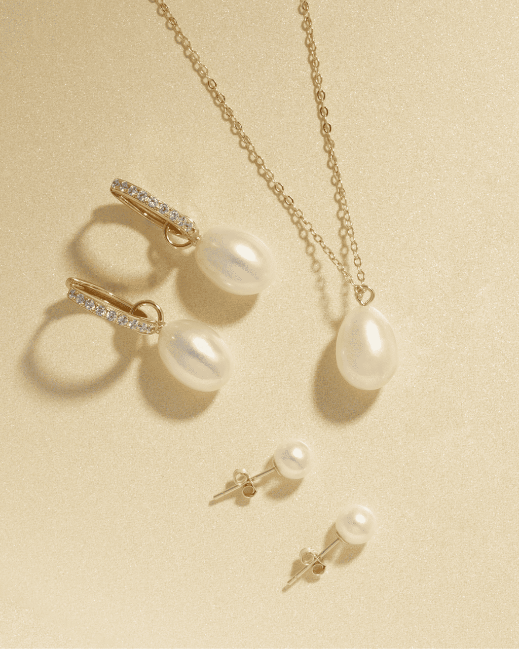 Gold vermeil freshwater pearl jewelry set: drop earrings and matching pendant necklaces