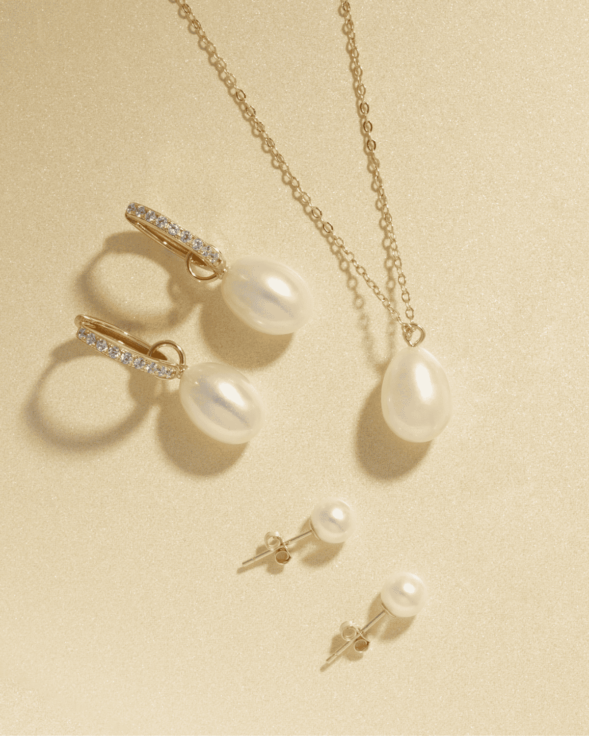 Gold vermeil freshwater pearl jewelry set: drop earrings and matching pendant necklaces