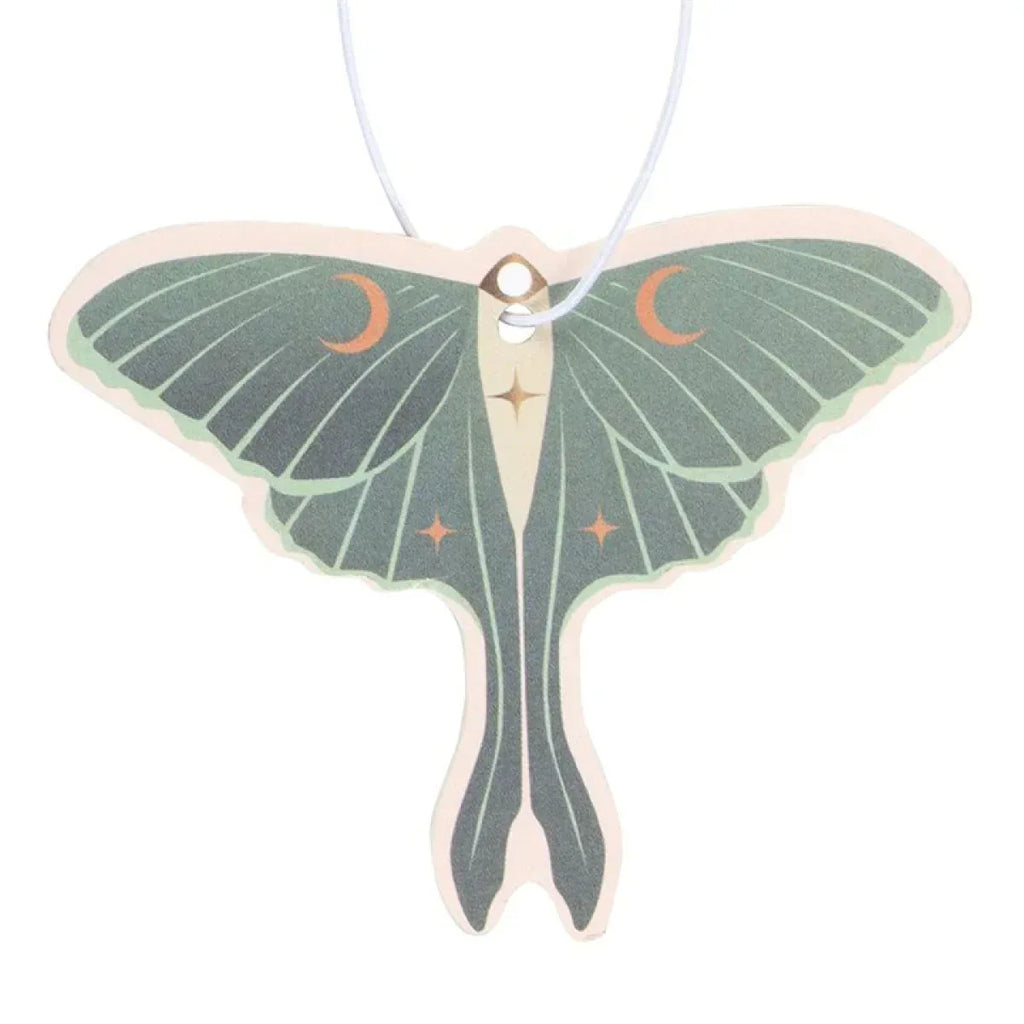Hanging moth-shaped air freshener ornament, green wings with orange moon accents
