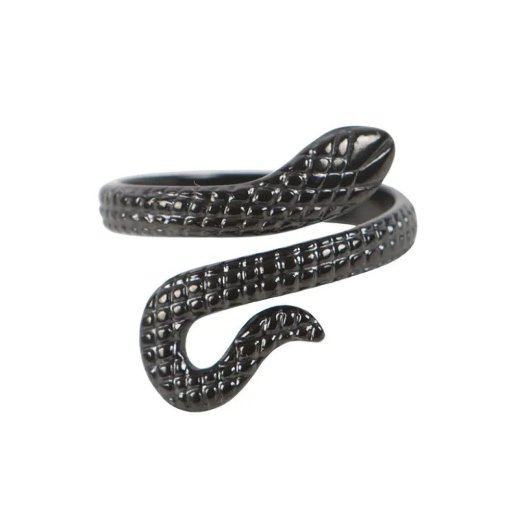 Black snake motif adjustable ring, raised textured body design