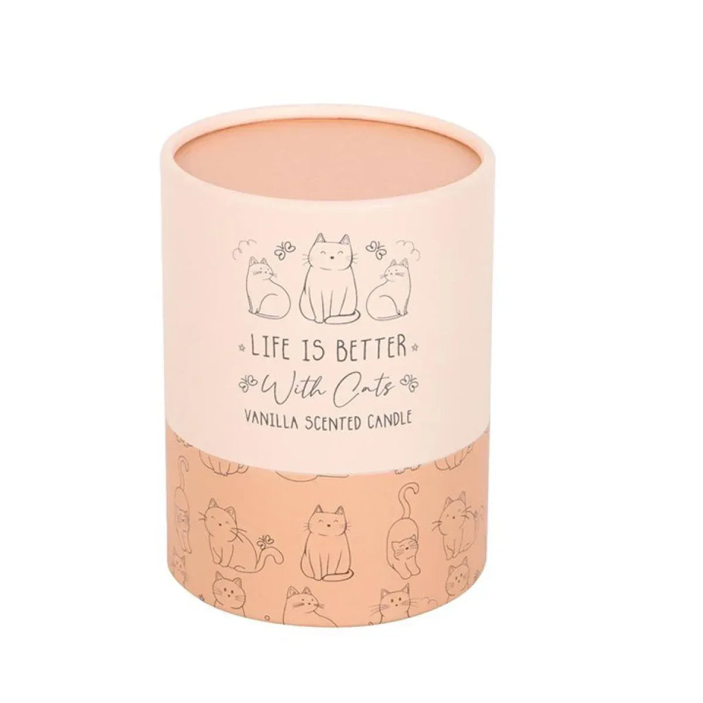 Pink vanilla scented candle jar with cat label and a wraparound band of cat illustrations