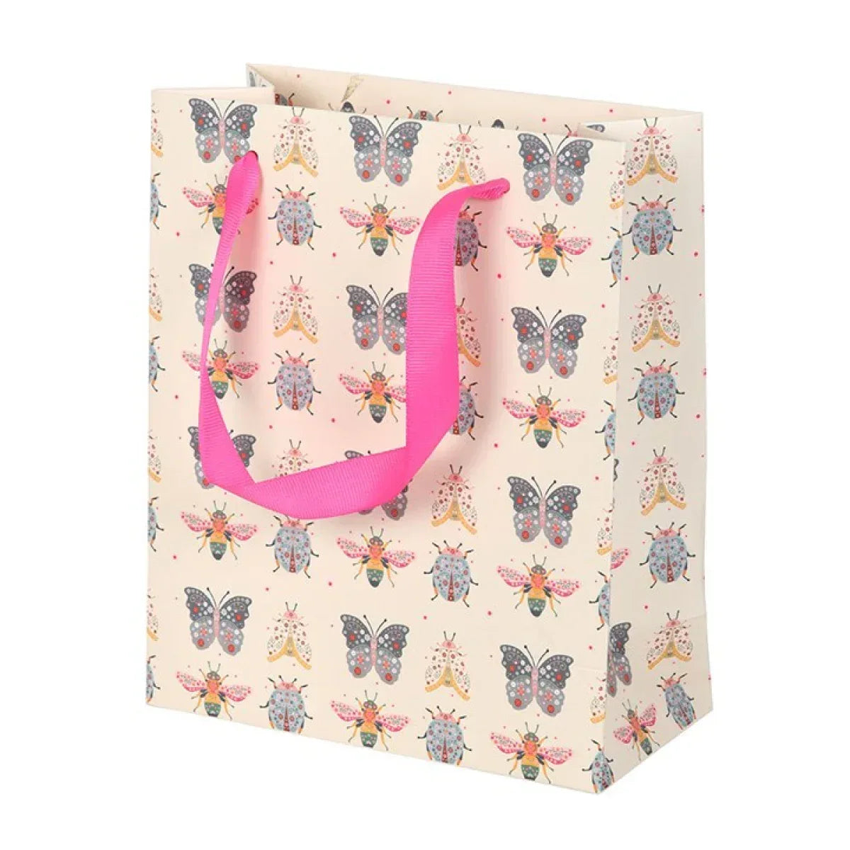 Medium gift bag back view with pink rope handles and colorful insect pattern