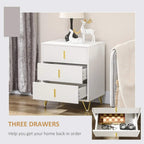 White three-drawer chest with gold handles and open drawers; ribbed fronts