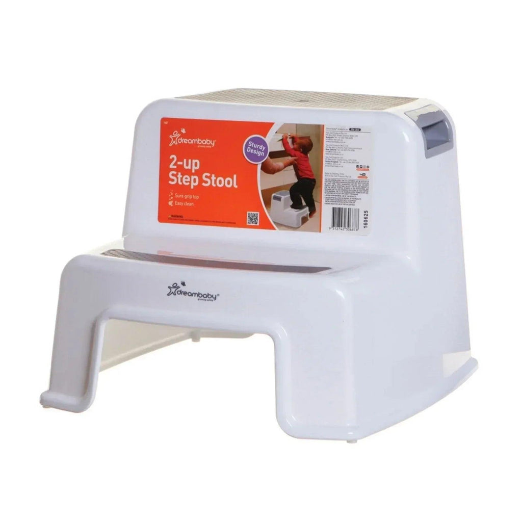 White two-step step stool with visible product label and side steps