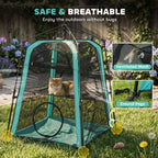 Teal and black breathable mesh cat tent with ground pegs and outdoor setup