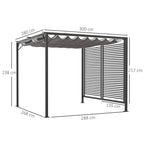 Grey metal pergola with retractable roof, side slat panels; dimension diagram