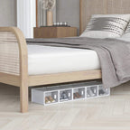Clear shoe storage boxes with magnetic doors, neatly placed under a bed.