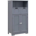 Grey bathroom storage cabinet with open shelf, two drawers, and two louvered cupboard doors.