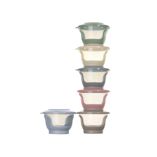 Set of 6 60ml nourish and wean food pots with lids, stack of mixed colors