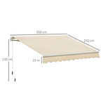 Beige manual retractable awning canopy with scalloped edge and support brackets