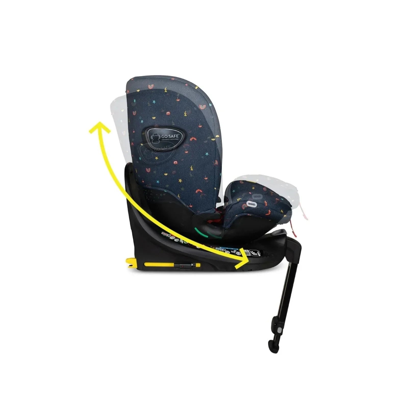 Navy doodle-pattern i-Size car seat on base, with side padding and 5-point harness