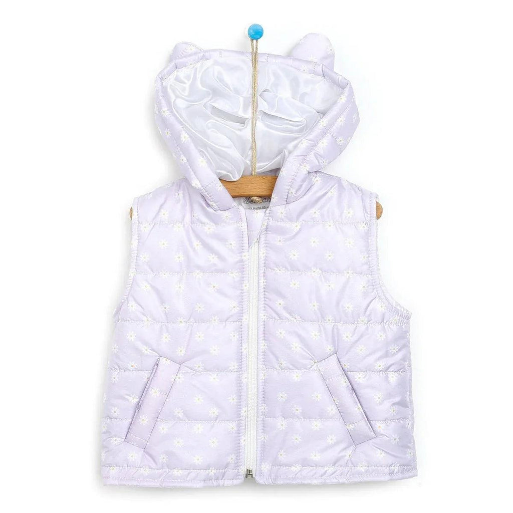 Lilac hooded baby quilted vest with full zipper and small yellow daisy print