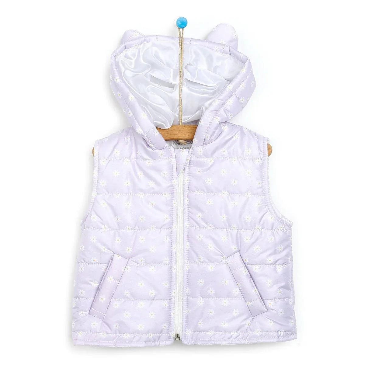 Lilac hooded baby quilted vest with full zipper and small yellow daisy print