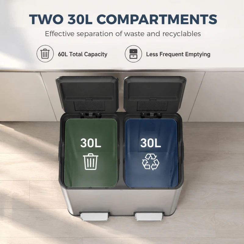 Stainless steel double kitchen bin with two open compartments and inner liners, silver tone