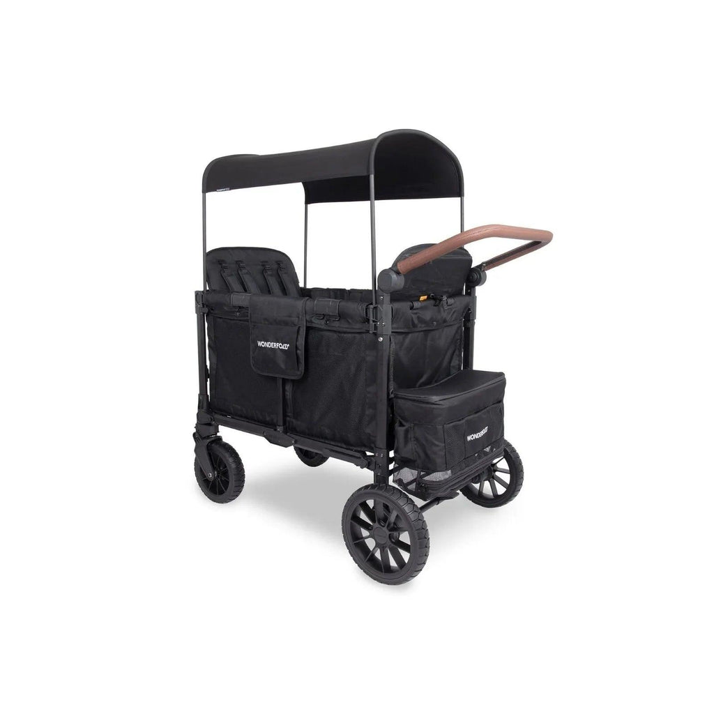 Jet-black stroller wagon with canopy, padded seating, side storage pockets, and brown handle