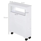 White slim bathroom storage unit with open top shelf, two drawers, and caster wheels