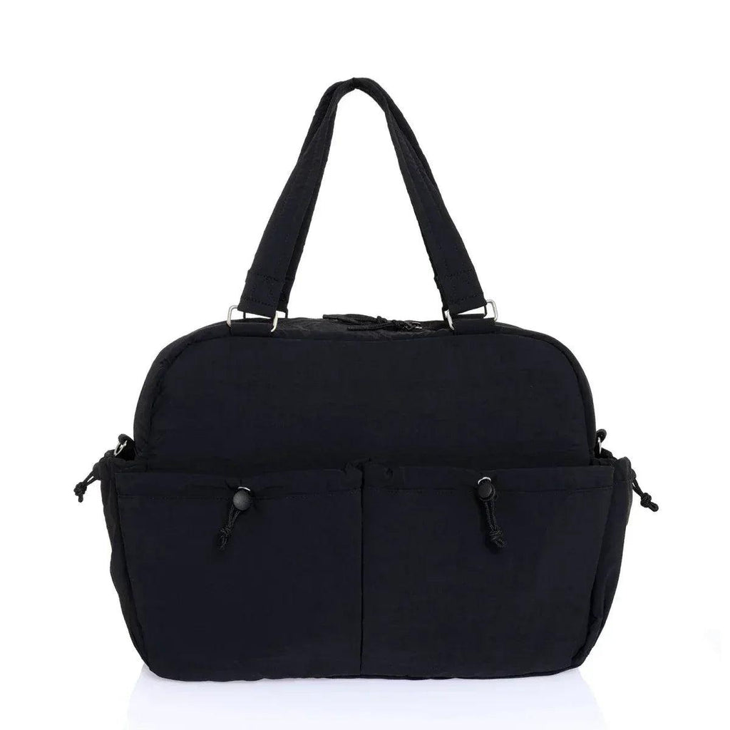 Black quilted shoulder bag with front center seam and top carry straps