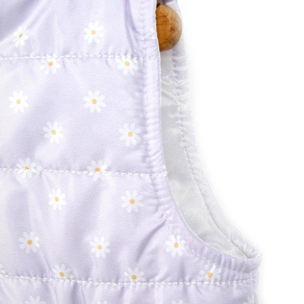 Lilac hooded baby vest with daisy print, curved hem, and padded arm opening