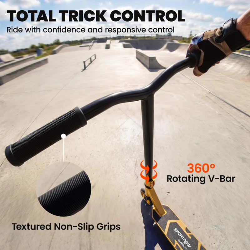 Stunt scooter handlebar with textured non-slip grips and rotating V-bar stem