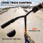 Stunt scooter handlebar with textured non-slip grips and rotating V-bar stem